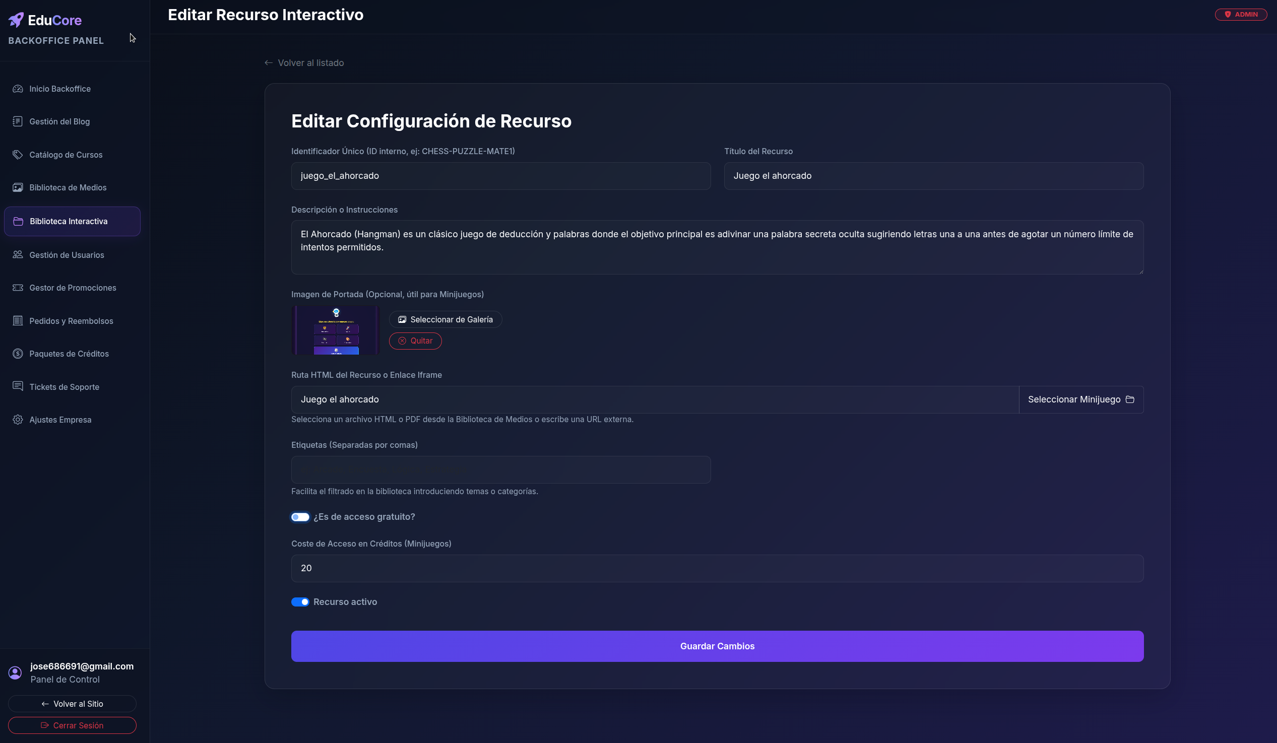 Configuración de recursos HTML5 desde el backoffice, incluyendo contenido, portada, etiquetas, acceso mediante créditos y estado de publicación.